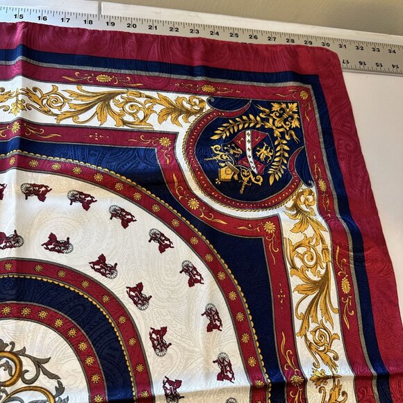 Vintage Womens Scarf Regal Heraldic Design Crests Red Navy Gold Korea 31 in - Picture 9 of 11